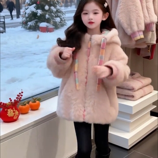 女童加绒毛毛衣外套2025新款秋冬特厚羊羔毛大衣拼格子毛茸茸上衣