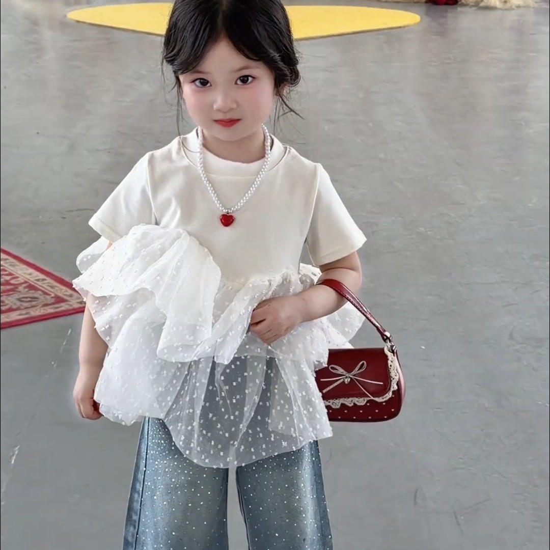 女童新款短袖夏季波点荷叶边小清T恤