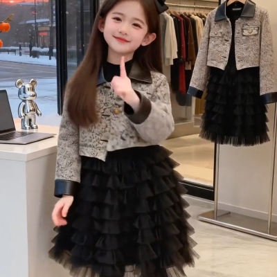 女童连衣裙套装2025洋气儿童新款香风公主裙内搭蛋糕裙外套两件套