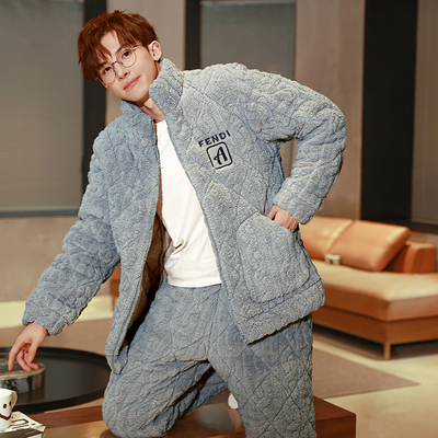 秋冬季珊瑚绒睡衣男三层夹棉加绒加厚拉链款保暖法兰绒家居服套装