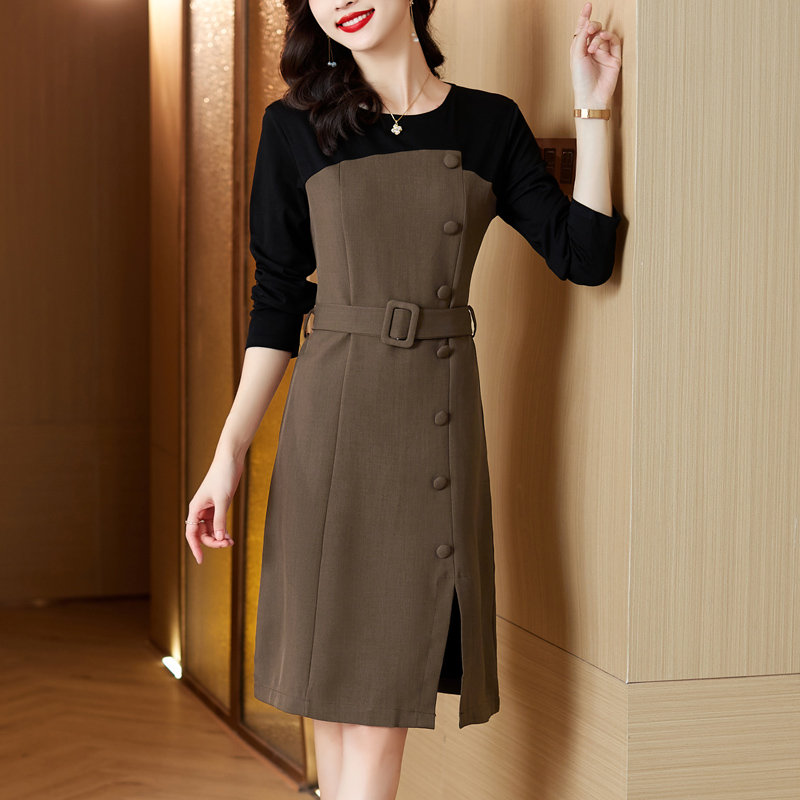 秋季新款连衣裙2025春装韩版时尚气质假两件不规则撞色拼接收腰裙