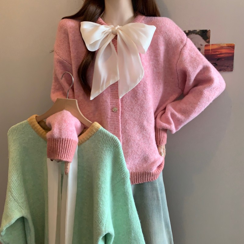 实拍~ 大码胖MM秋冬法式小香风新款蝴蝶结拼接撞色开衫长袖毛衣