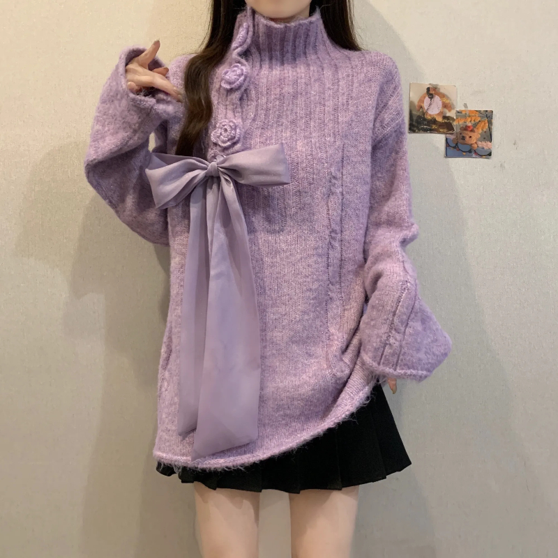 实拍高级感立体花朵蝴蝶结时尚减龄秋冬大码高领宽松巨好看毛衣女