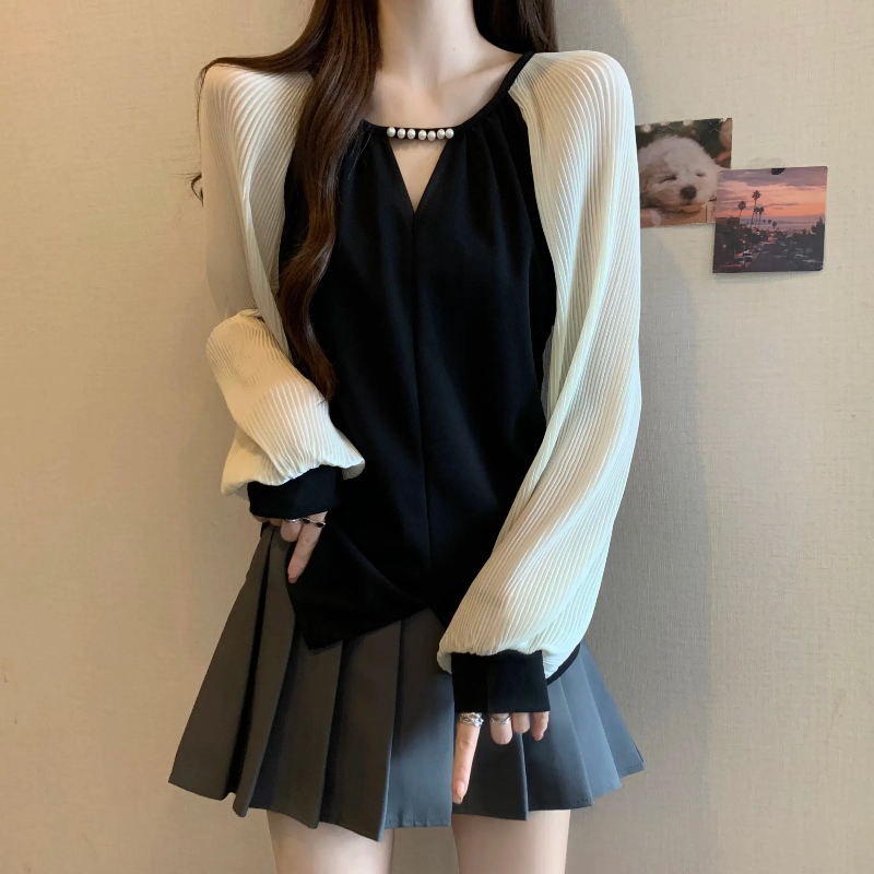 实拍2025秋季新款大码女装韩版时尚钉珠设计长袖拼接百搭衬衫上衣