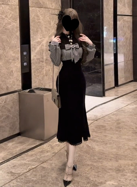 法式富家千金高级感黑色连衣裙子女秋冬2025新款修身收腰包臀长裙