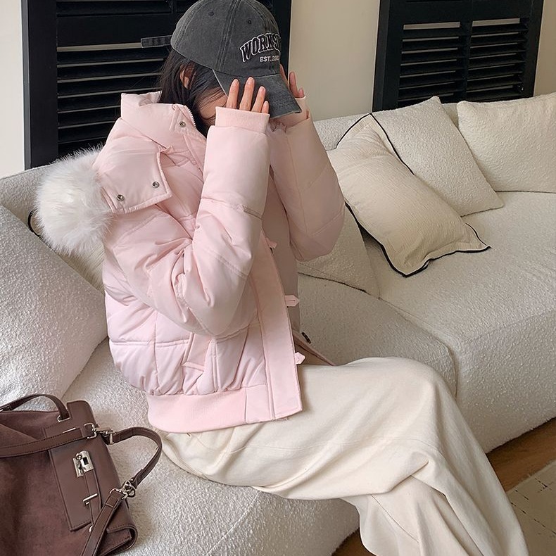 小个子短款羽绒棉服修身毛领棉袄外套冬季新款加厚女款藏青色棉衣