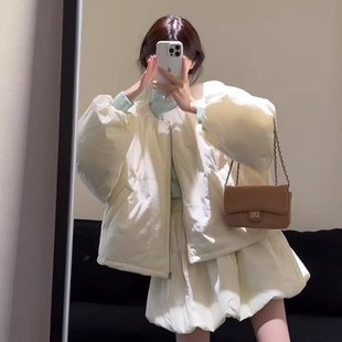 深冬装小个子穿搭一整套韩系气质小香风棉服外套休闲裤三件套装女