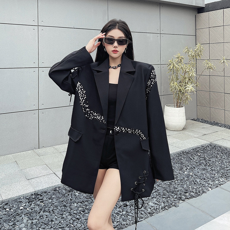 实拍实价 春季暗黑系ins潮流拼接亮片西装外套女绑带设计感西服