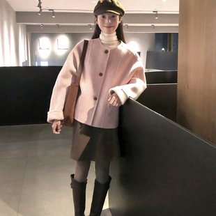 solo爆爆柔粉雪姬小个子双面呢大衣蒲公英粉圆领短款 羊毛外套女