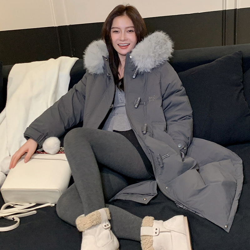 实拍羽绒棉服女冬中长款宽松大码女装韩版新款牛角扣毛领棉袄外套