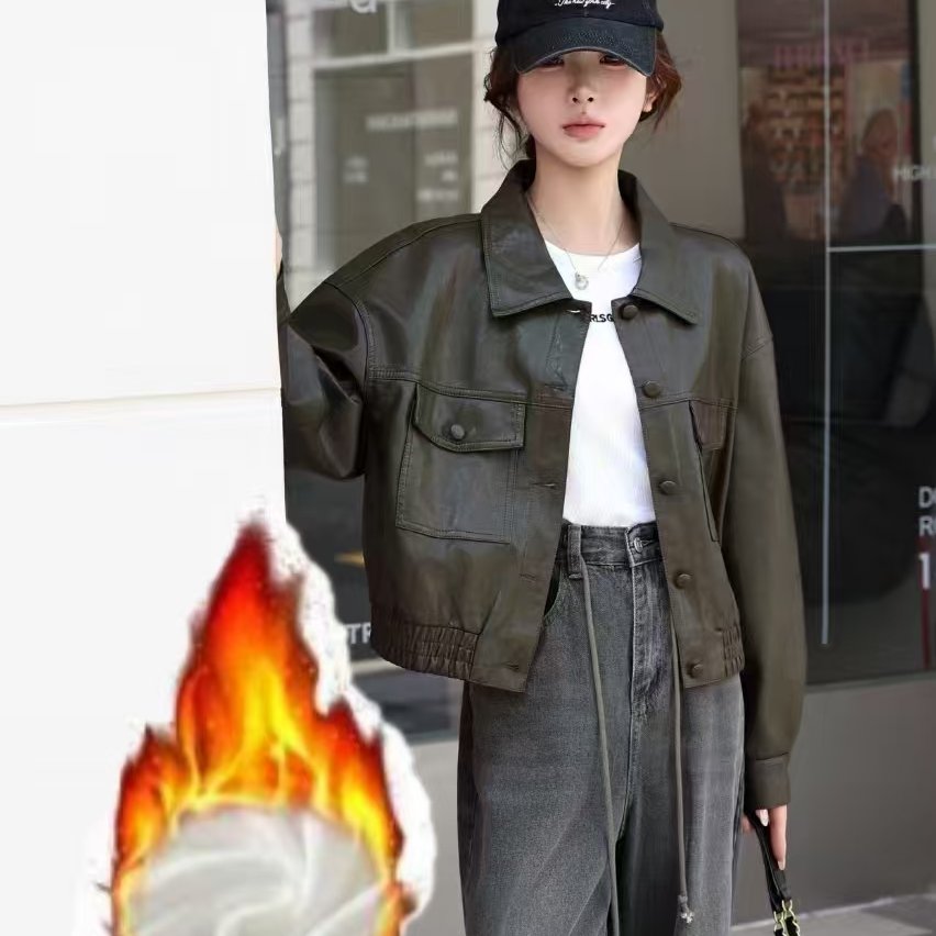 加绒加厚2025冬新款时尚复古设计感皮衣外套翻领宽松落肩袖机车服