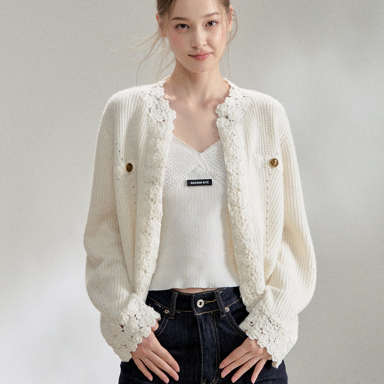 RECOIN R1C 蕾丝花边白色小香风毛衣外套女2025秋冬内搭针织开衫