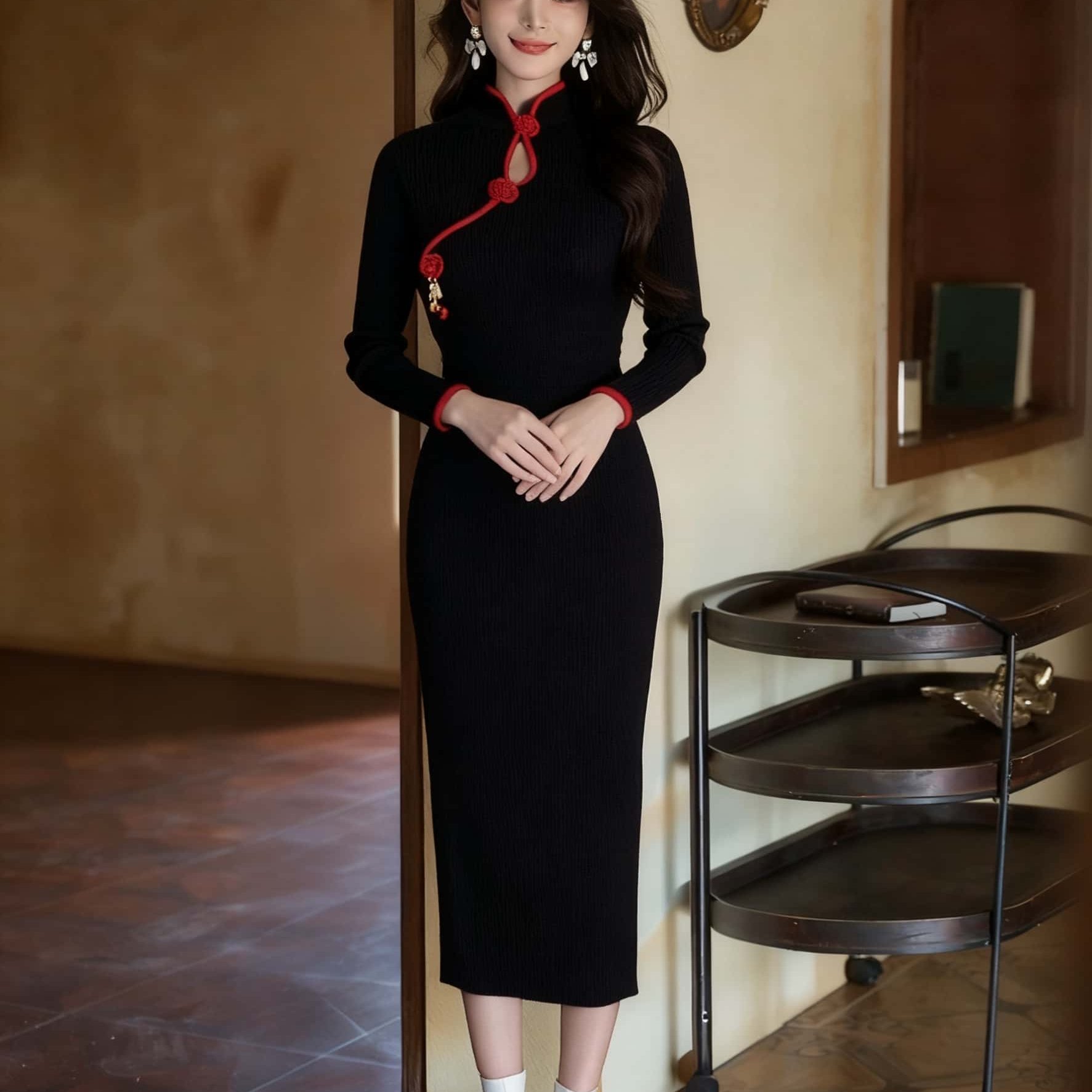 威廉古堡优雅知性气质秋冬高端修身显瘦黑色改良版旗袍连衣裙女