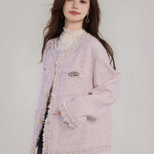 上衣 宽松流苏夹克开衫 已出货法式 气质紫色磨毛小香风外套2025秋季