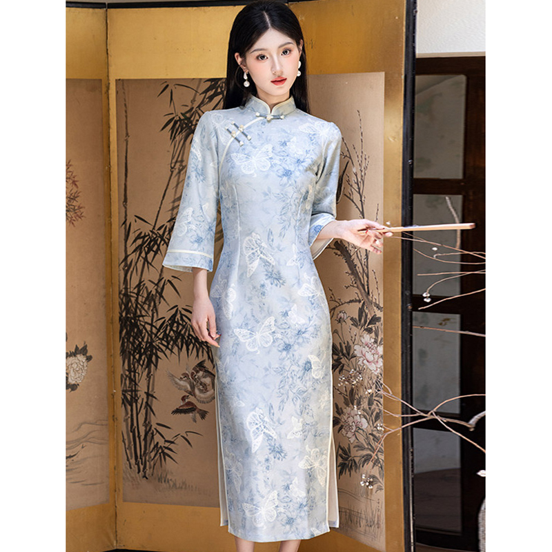 国风新中式倒大袖长款改良长袖旗袍春秋季2025新款女复古修身收腰