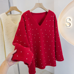 慵懒风设计感钉珠V领宽松型百搭针织衫 实拍大码 新款 冬季 毛衣 女装