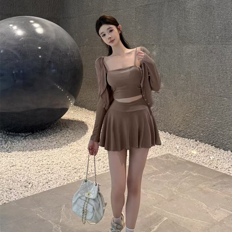 实拍实价 纯欲风防晒三件套气质带胸垫背心开衫外套A字百搭伞裙