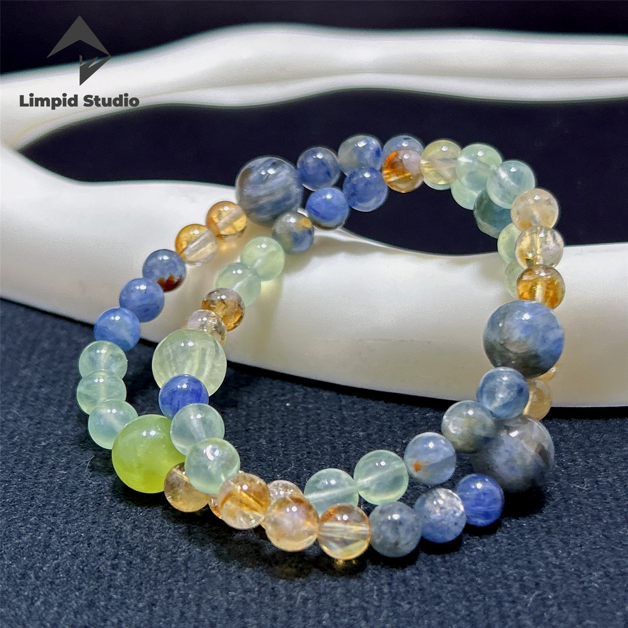 天然油画蓝晶石葡萄石设计款手串