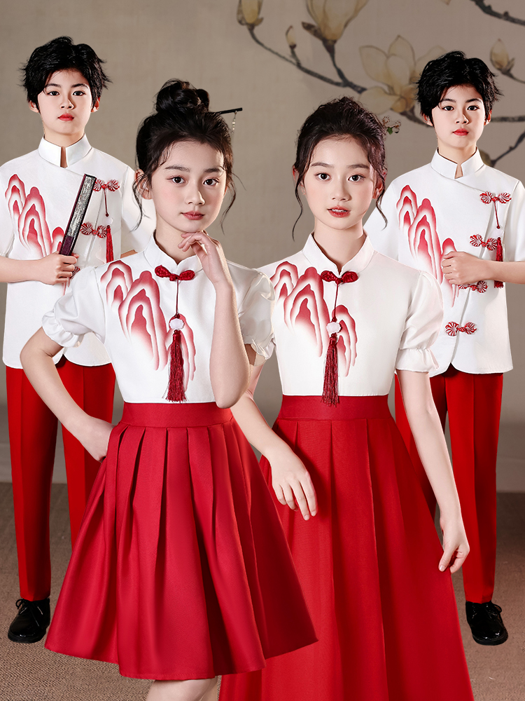 六一儿童朗诵合唱演出服装小学生红色中国风爱国演讲比赛女童万疆