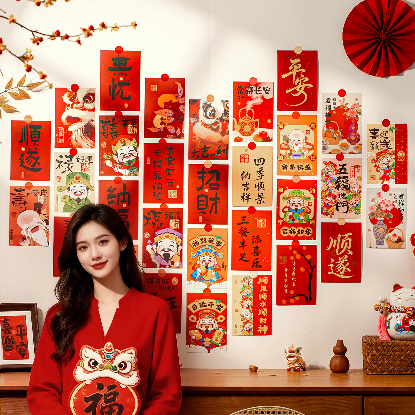 2026元旦新年装饰品国风墙贴明信片春节过年背景墙场景氛围布置