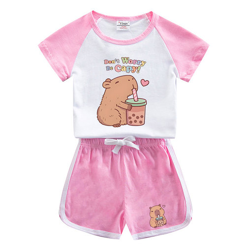 卡通Capybara卡皮巴拉 夏季儿童纯棉T恤短裤套装女童衣服生日礼物