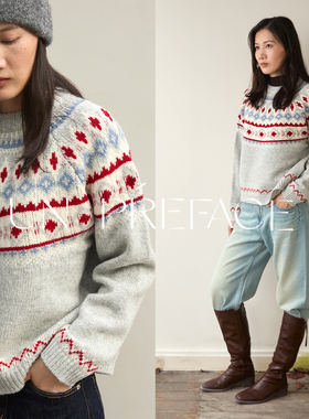 Un Preface节日氛围费尔岛提花毛衣圆领套头100羊毛衫 红绿灰三色