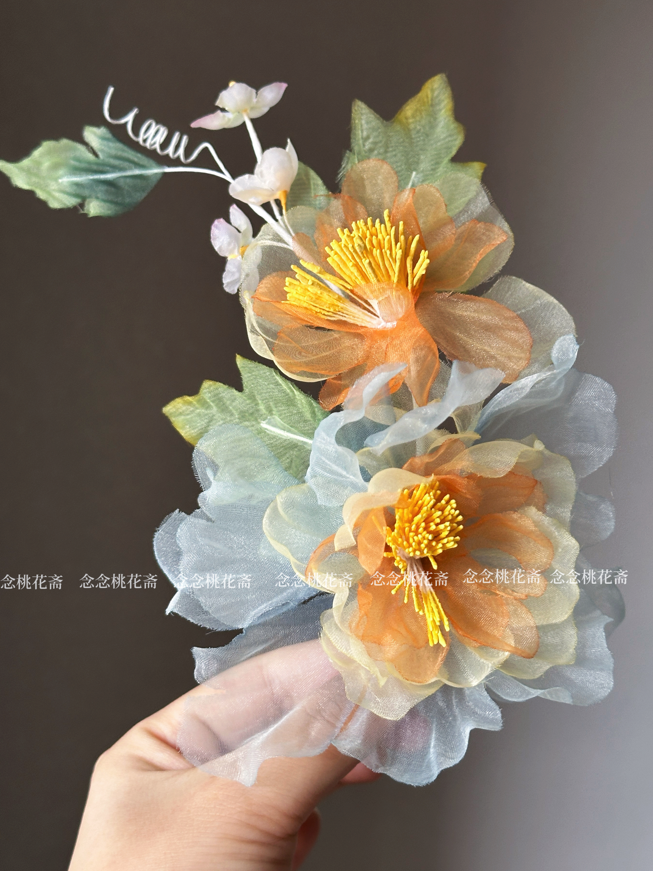【秋容】仿烫花手工绢花发夹橘色边夹新中式国风发饰古风汉服头饰