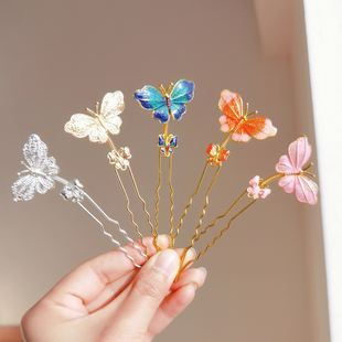 念念桃花汉服头饰颤枝蝴蝶发簪一对包邮扑棱蛾子烧蓝发钗凑单U钗