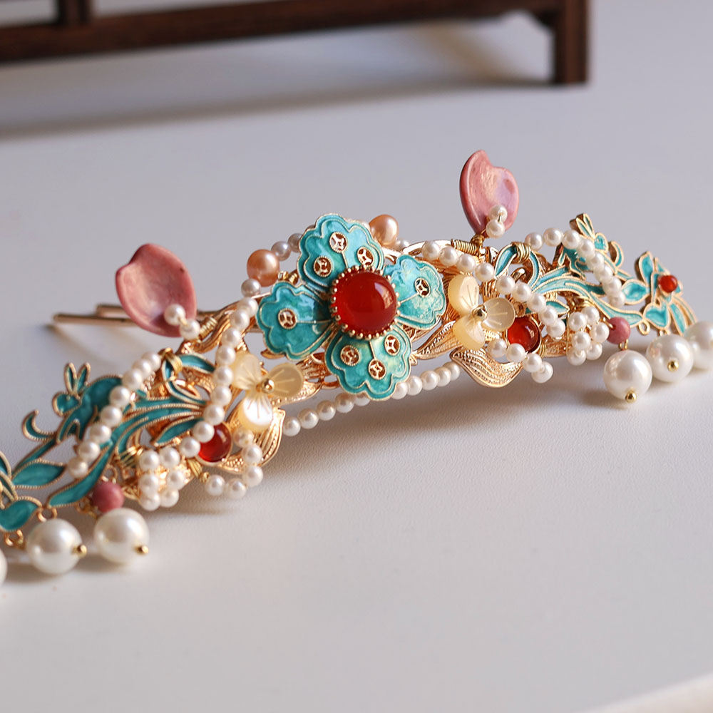 仿烧蓝珍珠发冠纯铜顶簪富贵可爱