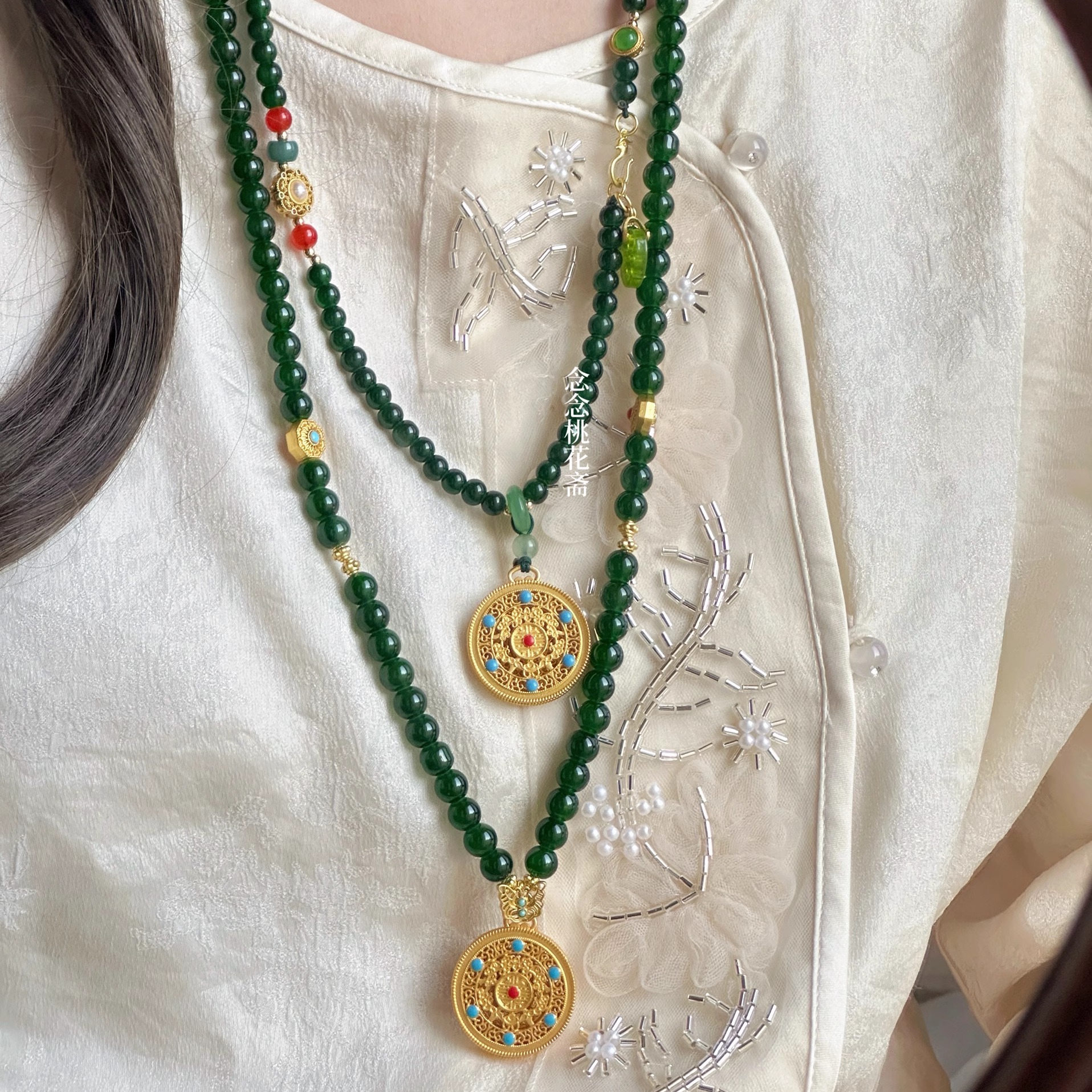 新中式国风祖母绿长项链配饰女