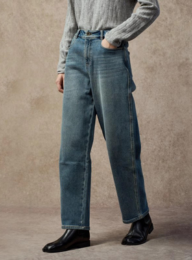 Famecoco一条过冬复古做旧水洗牛仔裤宽松休闲加绒厚FAC8GA036