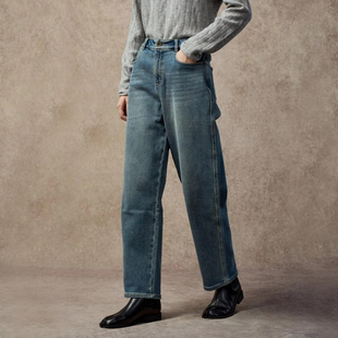 FAC8GA036 新款 Famecoco复古做旧水洗牛仔裤 宽松休闲薄绒弯刀裤