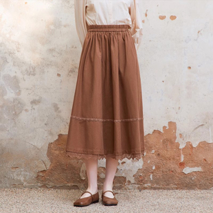 Famecoco范可儿商场同款 文艺棉麻绣花拼接松紧腰半身裙FAC1HA003