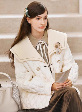 Famecoco商场同款大翻领设计感菱格90绒羽绒服短款女冬FAB8AJ020