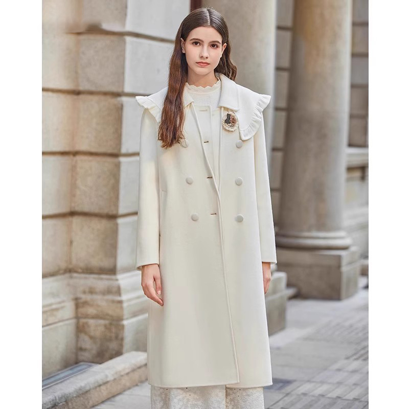 荷叶边披肩领双面呢羊毛大衣