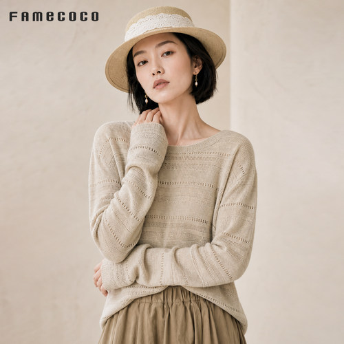 Famecoco亚麻圆领针织衫女宽松上衣长袖秋冬季2026新款FAD6DB103