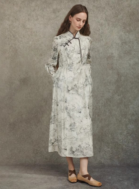 Famecoco设计师款国风改良印花天丝旗袍立领连衣裙长款FAC6FA019