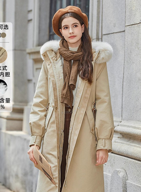 Famecoco派克羽绒服风衣式加厚90绒长款毛领内胆可拆FAB8AH003