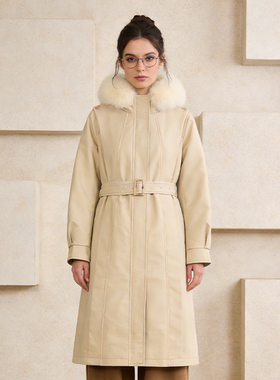 经典派克羽绒服Famecoco连帽大毛领派克服休闲宽松长款FAC8AH010