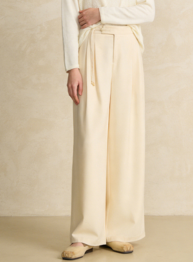 Famecoco宽松垂感高腰阔腿裤简约中式盘扣直筒休闲裤FAD1GA005