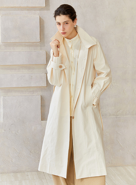 Famecoco文艺范长期主义简约长款收腰风衣通勤立领外套FAC6AT010