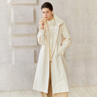 Famecoco文艺范长期主义简约长款收腰风衣通勤立领外套FAC6AT010