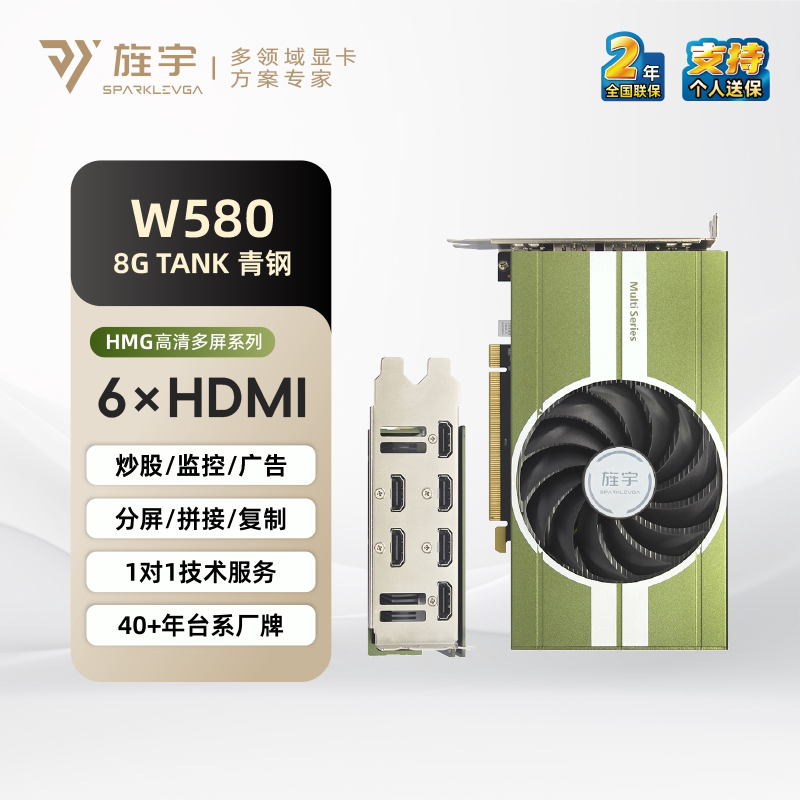 旌宇多屏显卡 6屏HDMI原生接口 W580 6HDMI TANK 青钢 8G无需转接