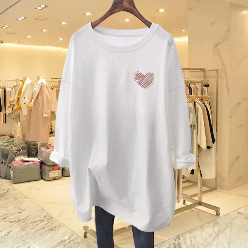 白色宽松纯棉长袖T恤女秋冬季2026新款欧货大版加绒中长款打底衫
