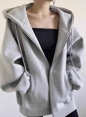灰色连帽卫衣女2026新款宽松拉链开衫外套女初春秋季加绒加厚上衣
