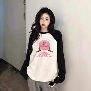 美式 t恤女春秋冬oversize宽松纯棉打底体恤上衣 复古拼色插肩长袖