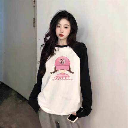 美式复古拼色插肩长袖t恤女春秋冬oversize宽松纯棉打底体恤上衣