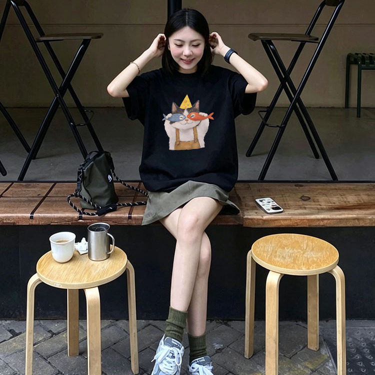 卡通猫咪黑色纯棉短袖t恤女2026年新款爆款夏季别致设计上衣体恤