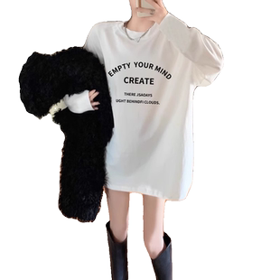 韩版上衣中长款加绒t恤女长袖2025秋冬新款纯棉宽松内搭打底衫潮