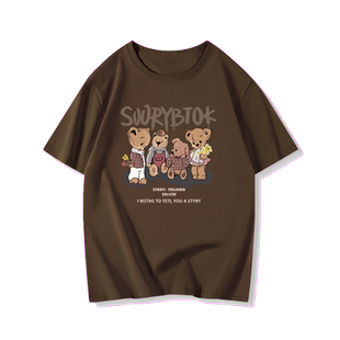 棕色纯棉原创设计oversize短袖T恤女春夏装2025新款ins潮情侣上衣